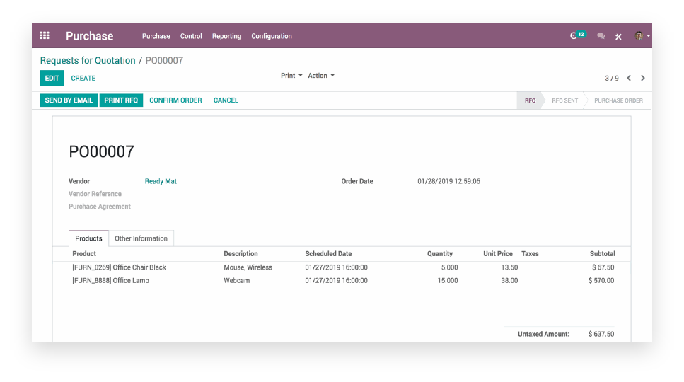 odoo purchase feature