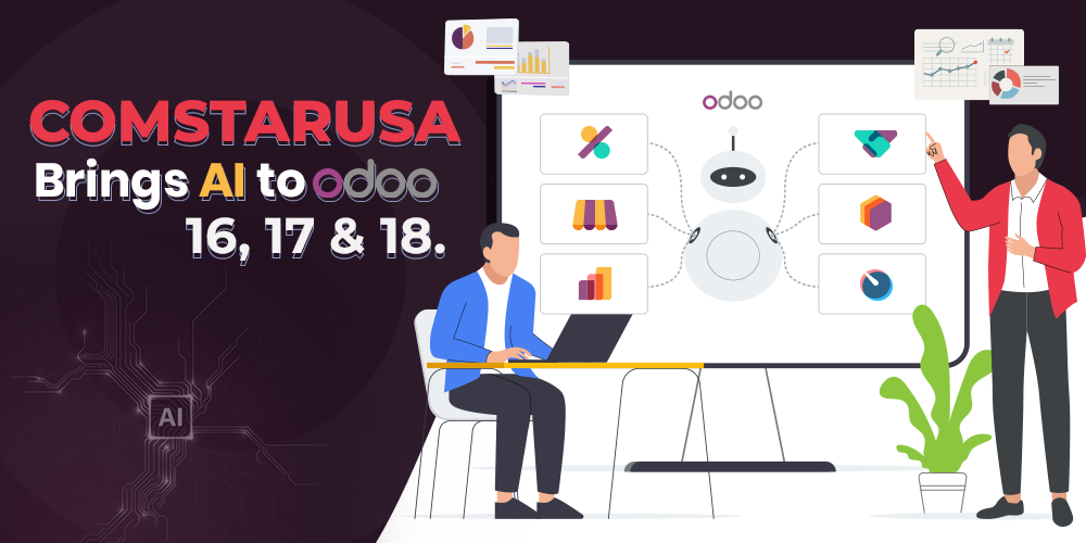 Odoo AI dashboard showing automated insights and chatbot features on Odoo 16, 17, and 18